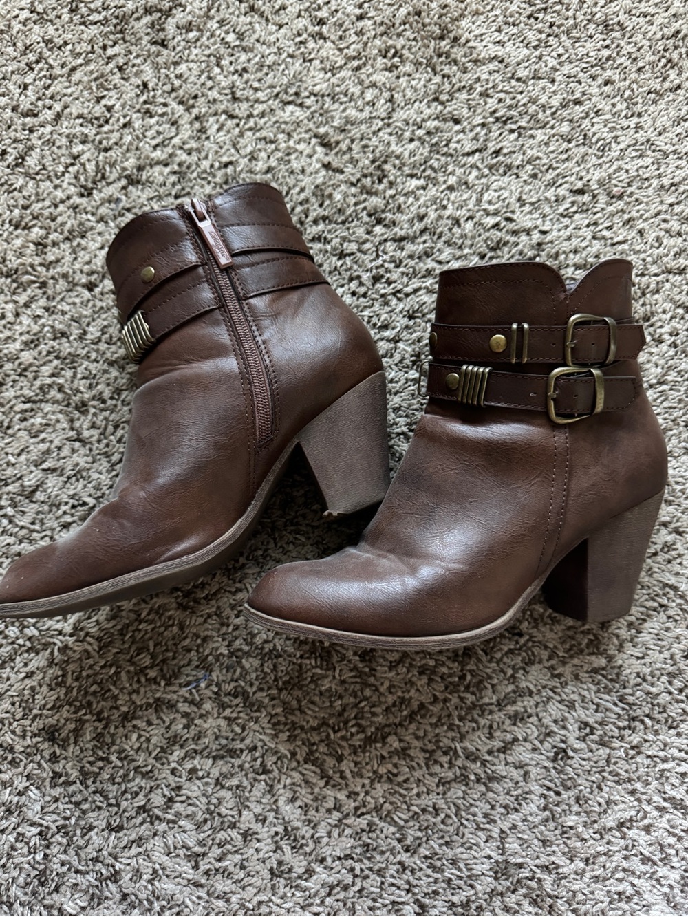 DbDk Fashion Brown Heeled Ankle Boots with Buckle Straps